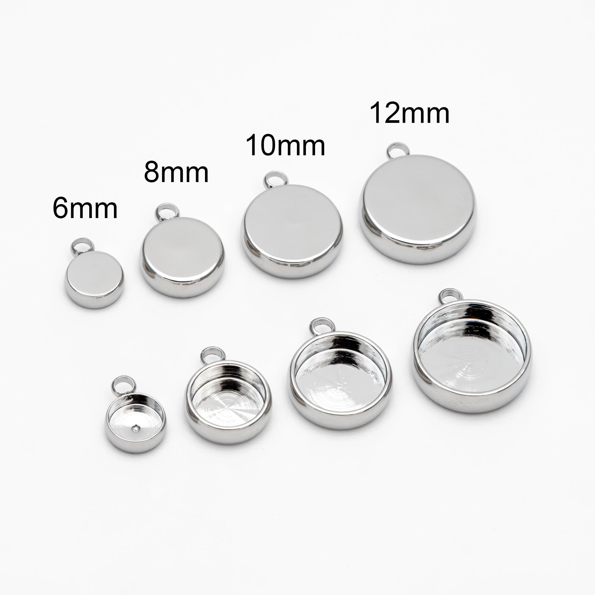 10pcs Gold/ Silver Bezel Setting, Round Blank Charm Pendants, inner 6/ 8/ 10/ 12mm, Gold/ Rhodium plated Brass Cabochon Base (GB-1748)